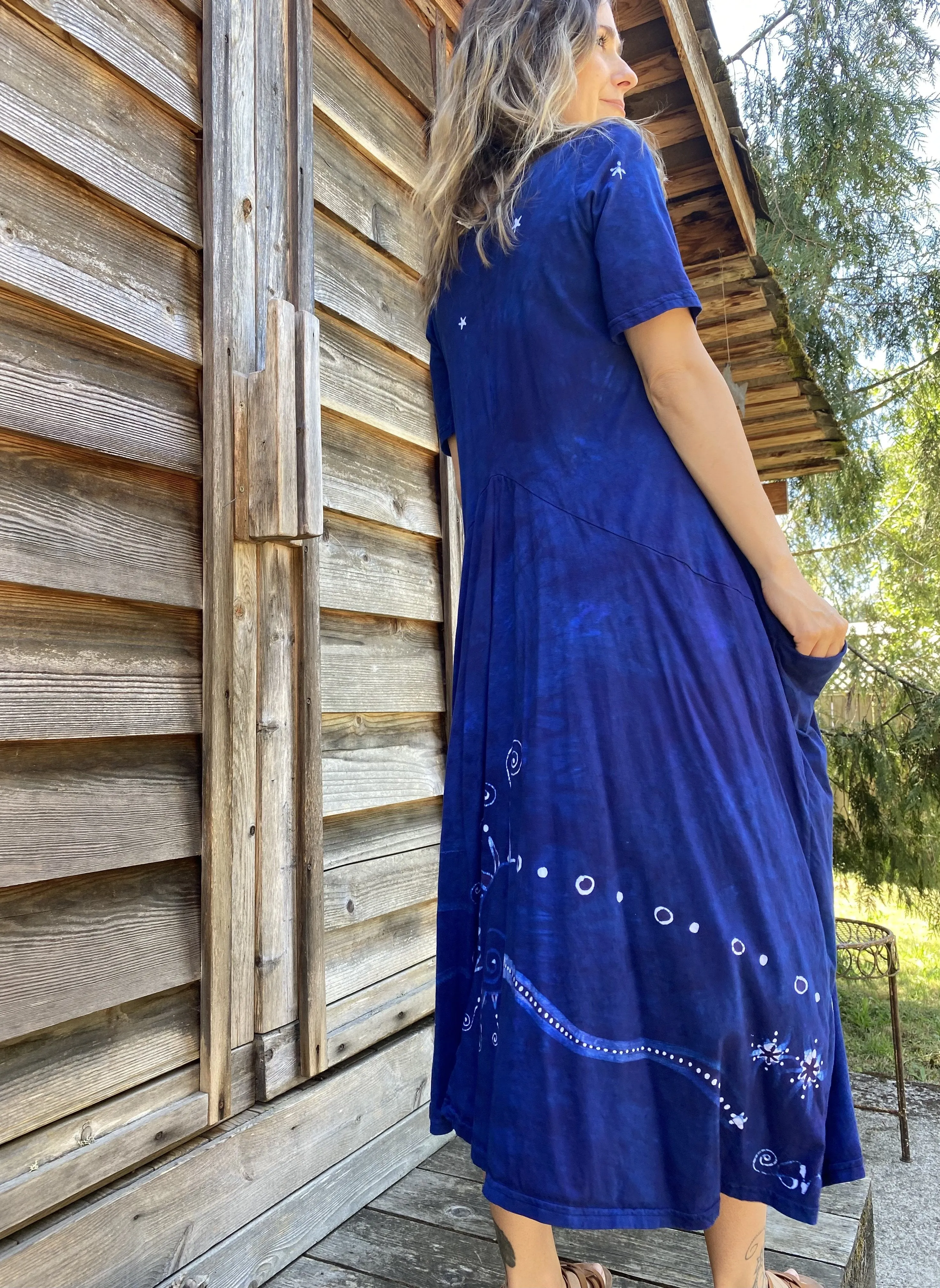 Blue Moon Galaxy - Hand Painted Short Sleeve Batik Dress - Size 3X