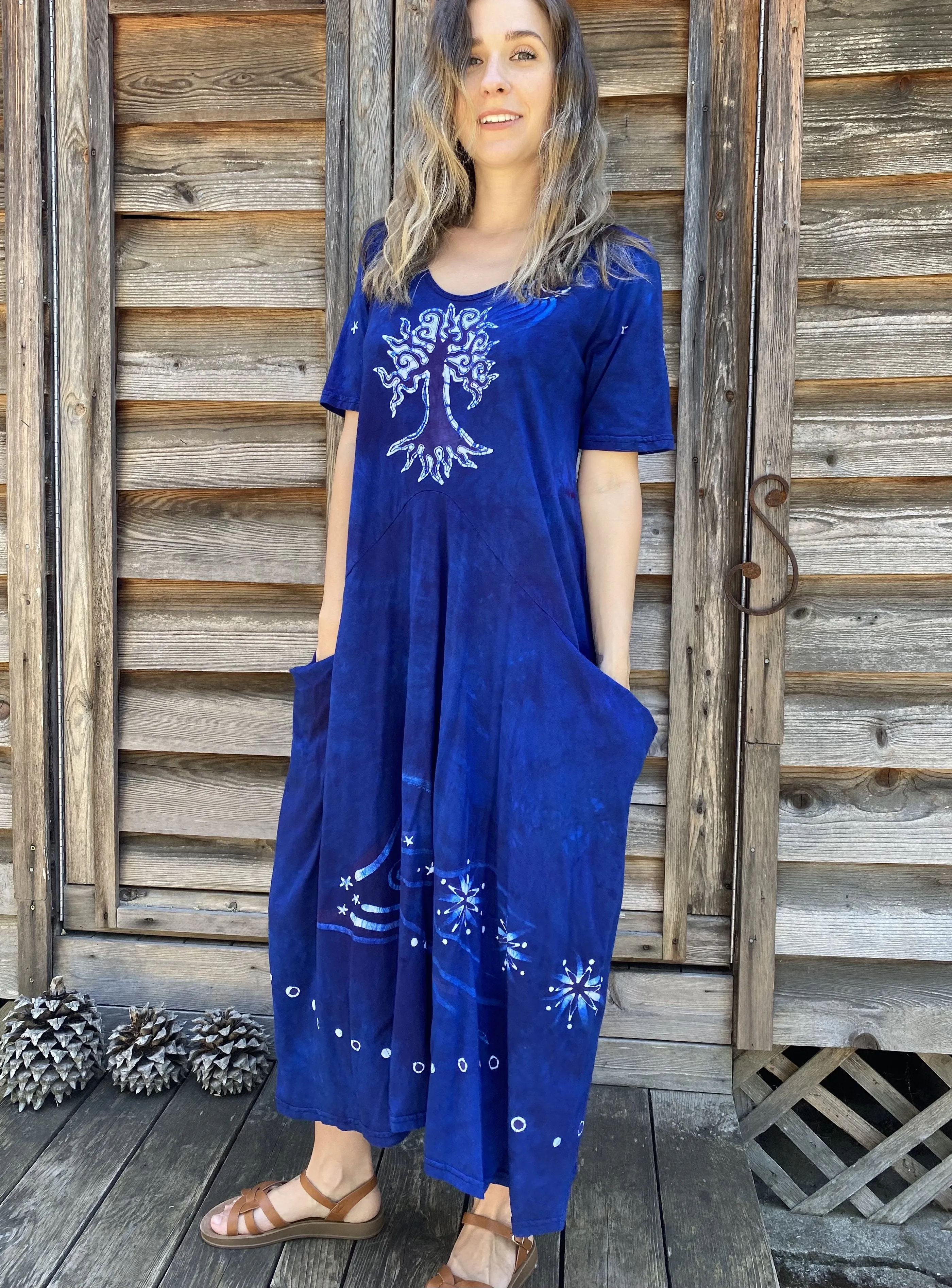 Blue Moon Galaxy - Hand Painted Short Sleeve Batik Dress - Size 3X