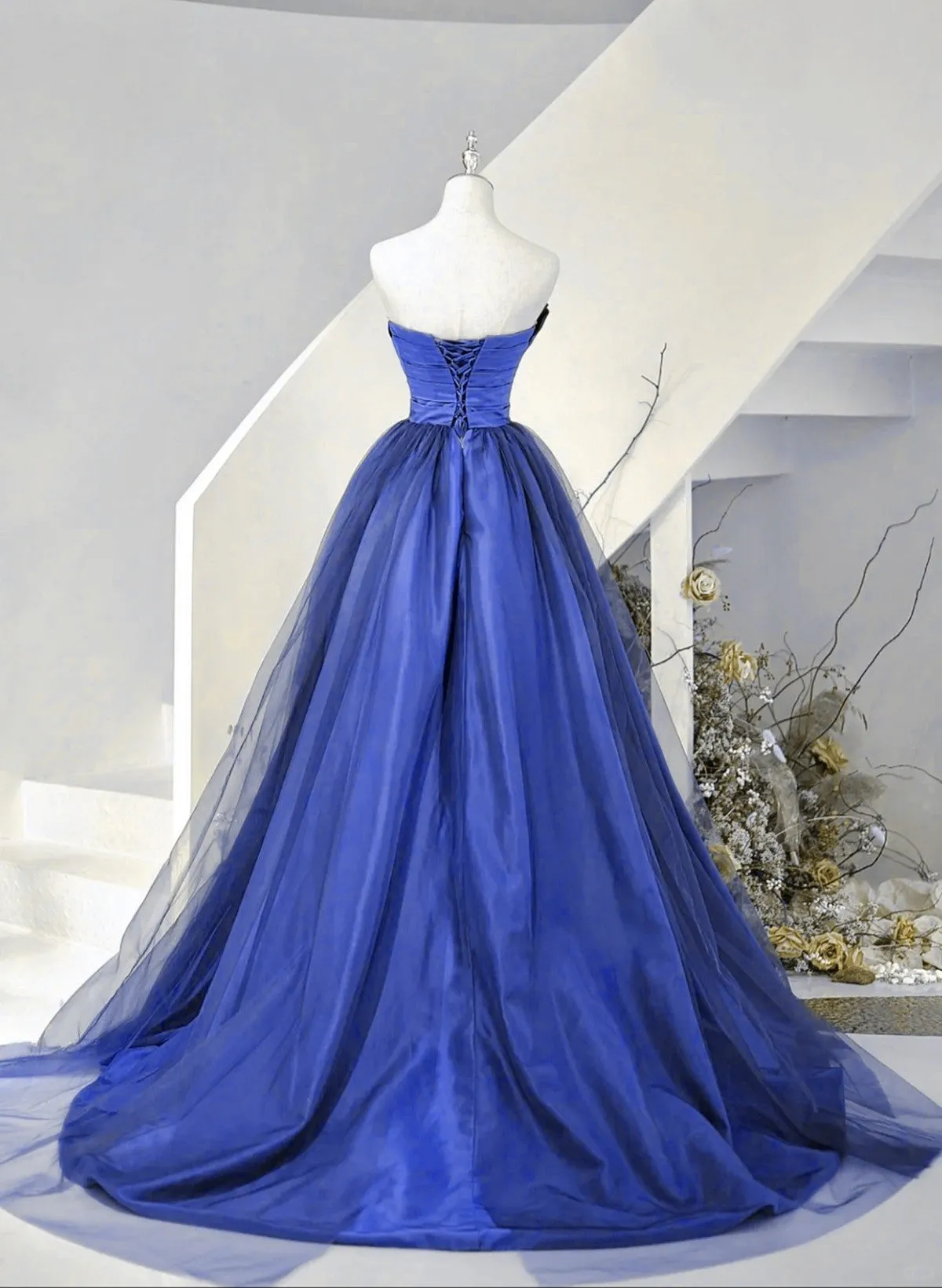 Blue Satin and Tulle Long Party Dress Prom Dress, Blue Evening Dress