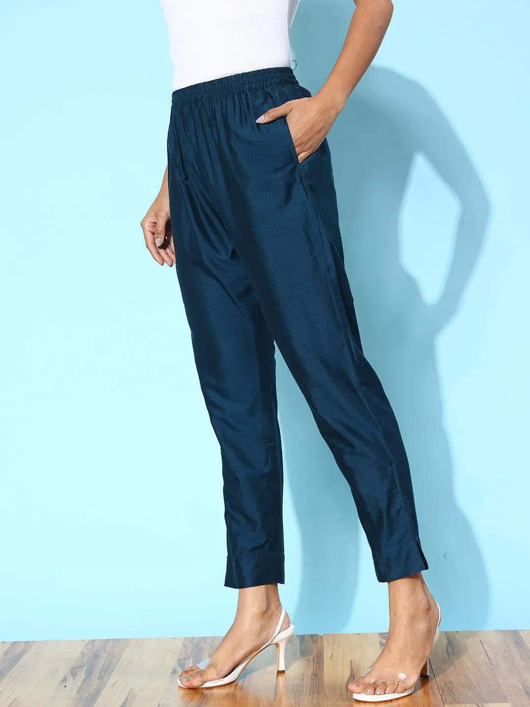 Blue Solid Silk Trousers