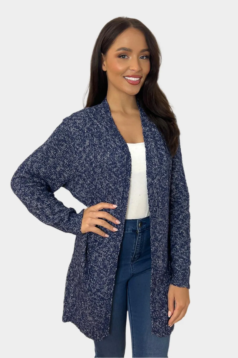 Blue Speckled Raw Knit Cardigan