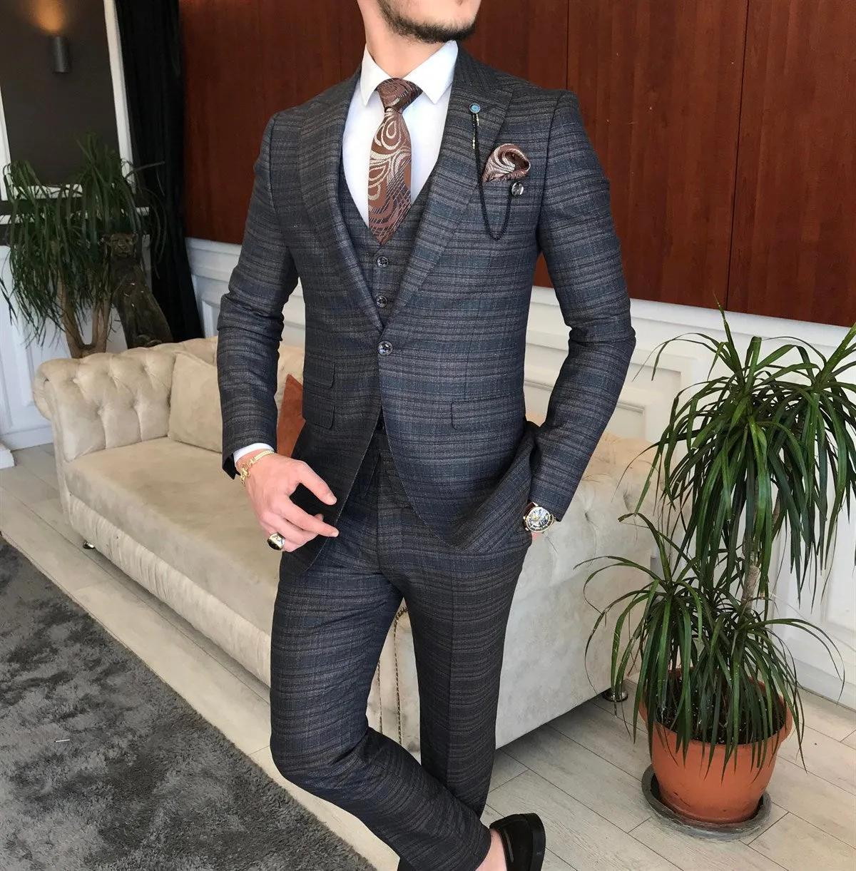 Bojoni Brown Plaid Slim-Fit Suit 3-Piece