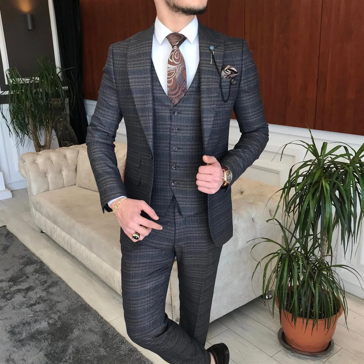 Bojoni Brown Plaid Slim-Fit Suit 3-Piece