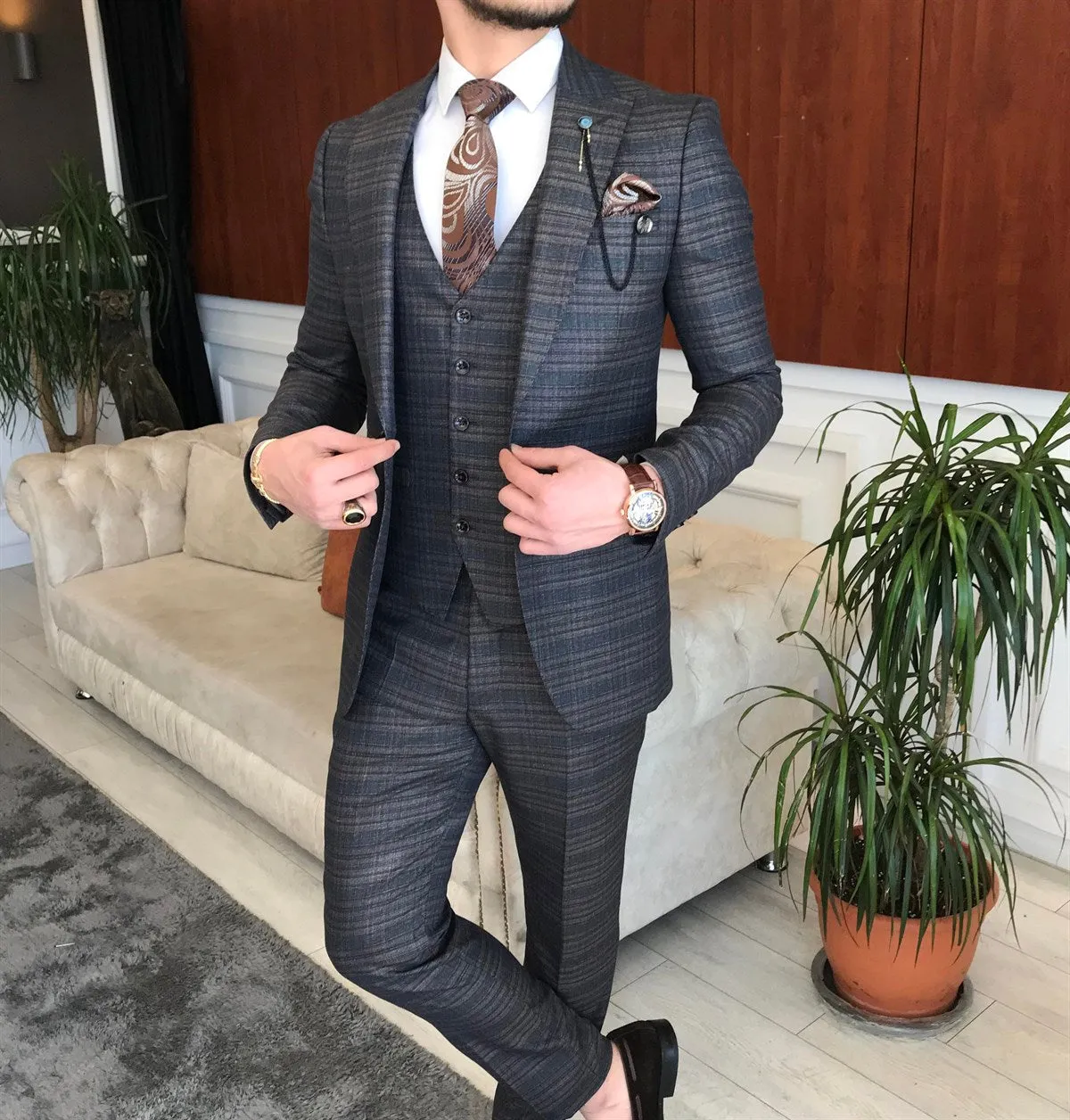 Bojoni Brown Plaid Slim-Fit Suit 3-Piece