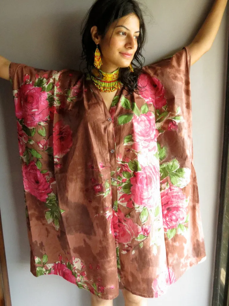 Brown Fuchsia Flowers V-Neck Full Button Down, Knee Length, Belted Caftan-E4 fabric Code