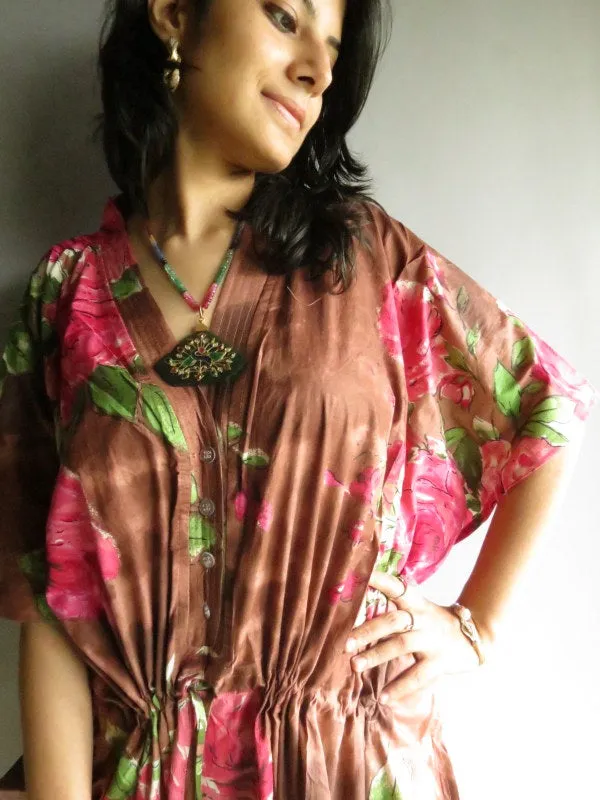 Brown Fuchsia Large Floral Blossom V-Neck Button Down to Waist, Ankle Length, Cinched Waist Caftan