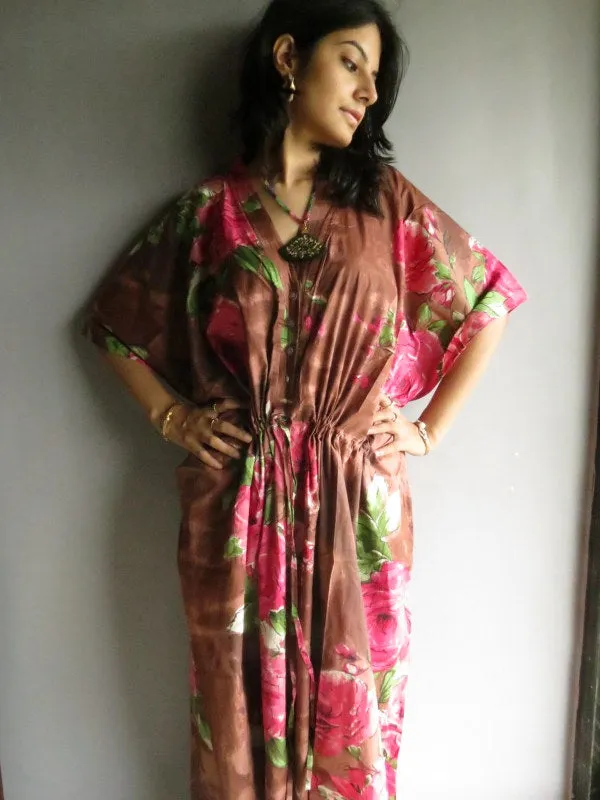 Brown Fuchsia Large Floral Blossom V-Neck Button Down to Waist, Ankle Length, Cinched Waist Caftan