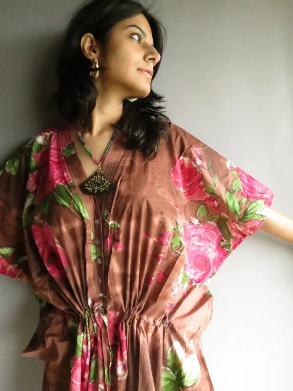 Brown Fuchsia Large Floral Blossom V-Neck Button Down to Waist, Ankle Length, Cinched Waist Caftan