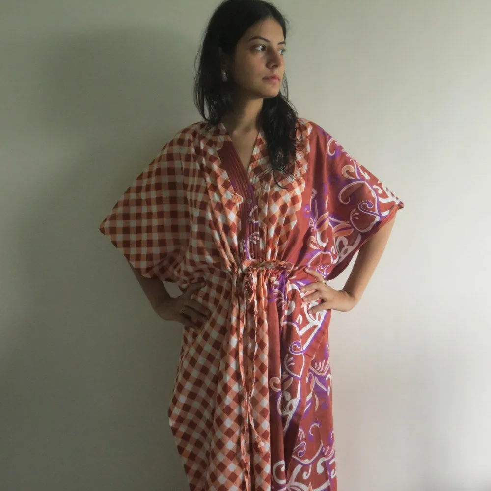 Brown Plaid V-Neck Button Down to Waist, Ankle Length, Cinched Waist Caftan