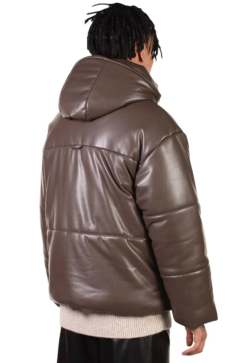 Brown Vegan Leather Puffer Jacket