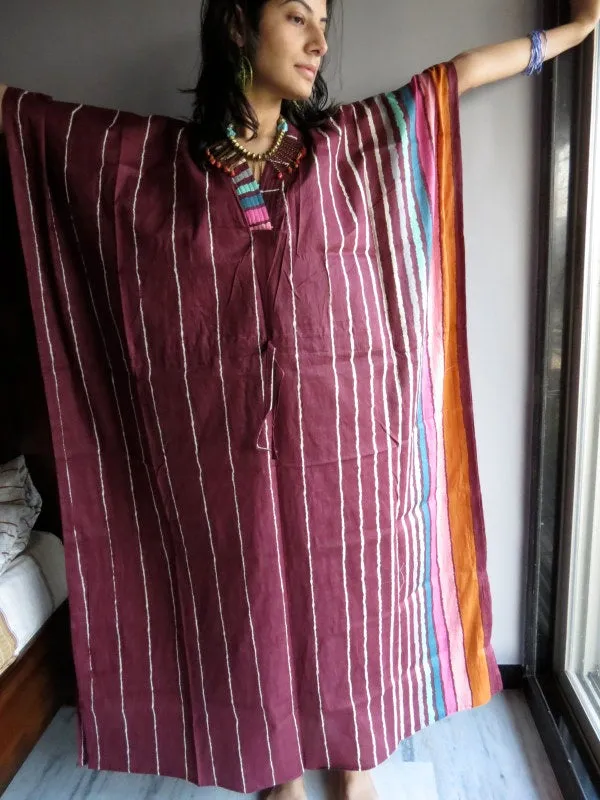 Burgundy Stripes V-Neck, Ankle Length, Cinched Waist Caftan, Muumuu, House Dress