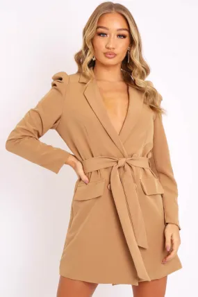 Camel Puff Sleeve Belted Waist Blazer Dress - Daionna