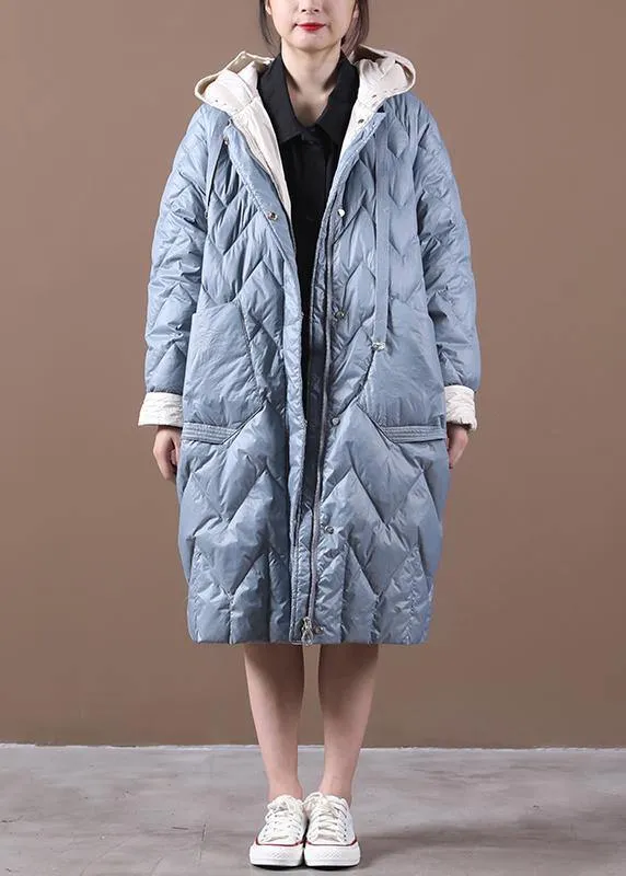 Casual Loose fitting down jacket overcoat light blue hooded zippered duck down coat