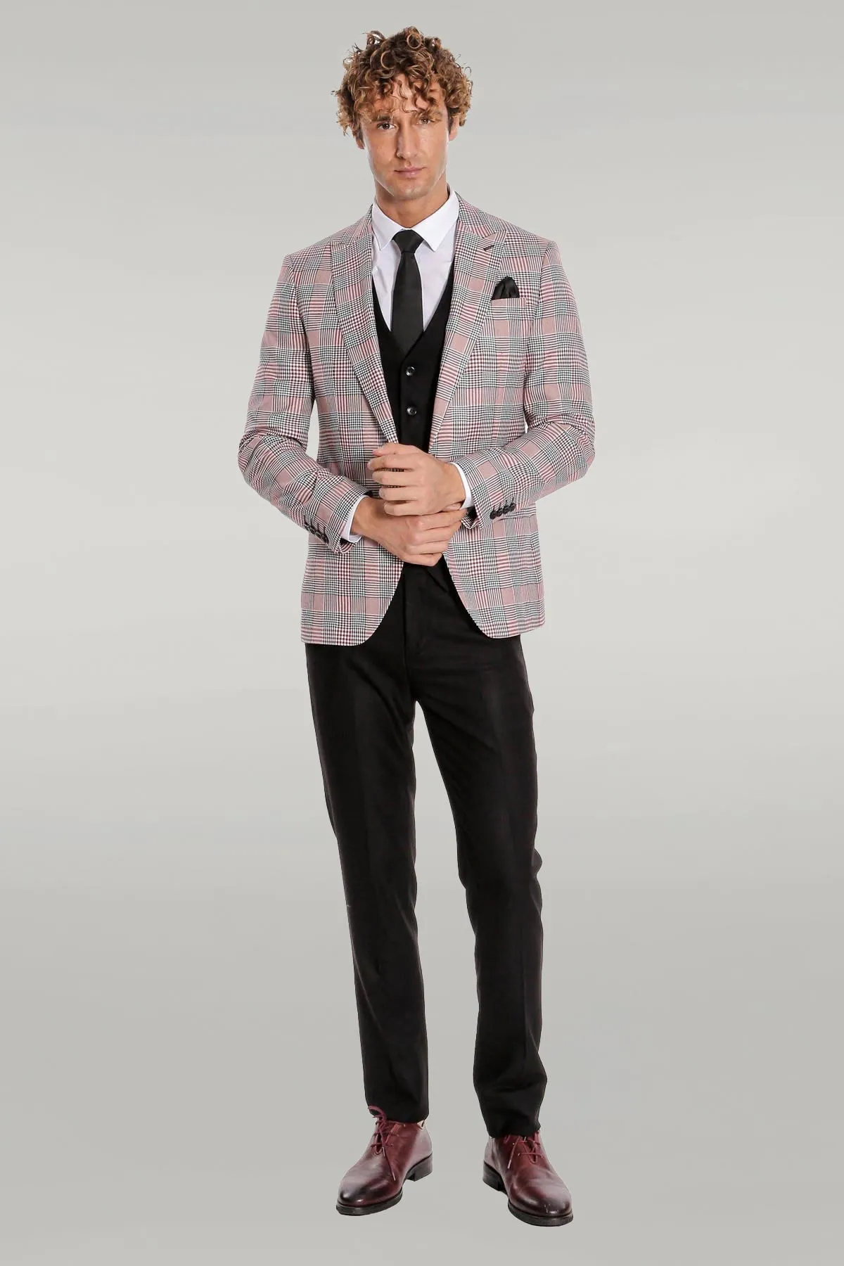 Checked Slim Fit Burgundy Men Suit - Wessi