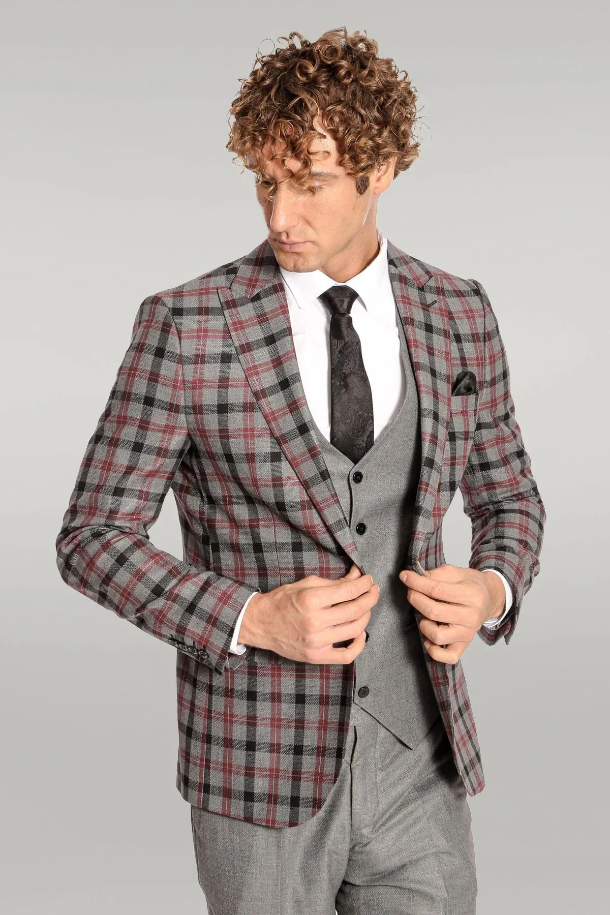 Checked Slim Fit Grey Men Suit - Wessi