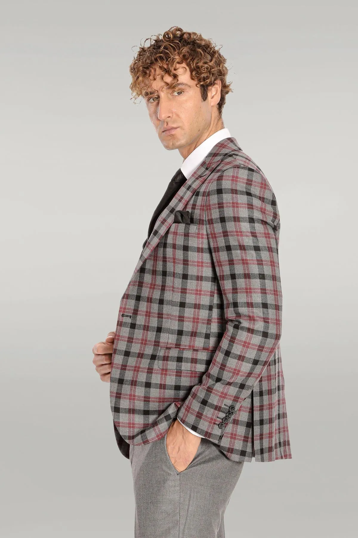 Checked Slim Fit Grey Men Suit - Wessi