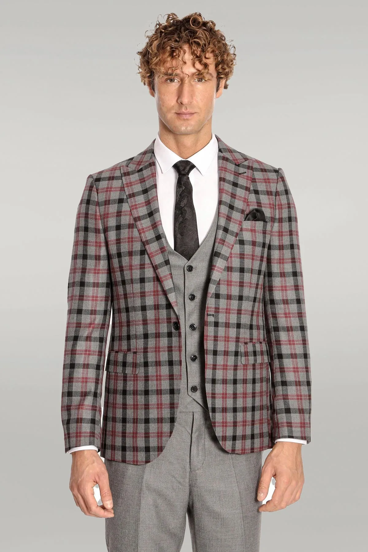 Checked Slim Fit Grey Men Suit - Wessi