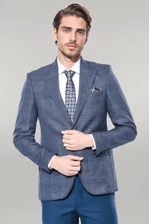 Checked Slim-Fit Single Button Navy Blue Men Blazer - Wessi