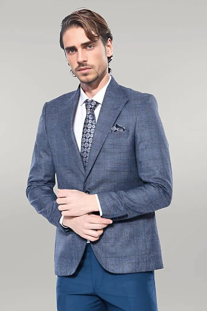 Checked Slim-Fit Single Button Navy Blue Men Blazer - Wessi