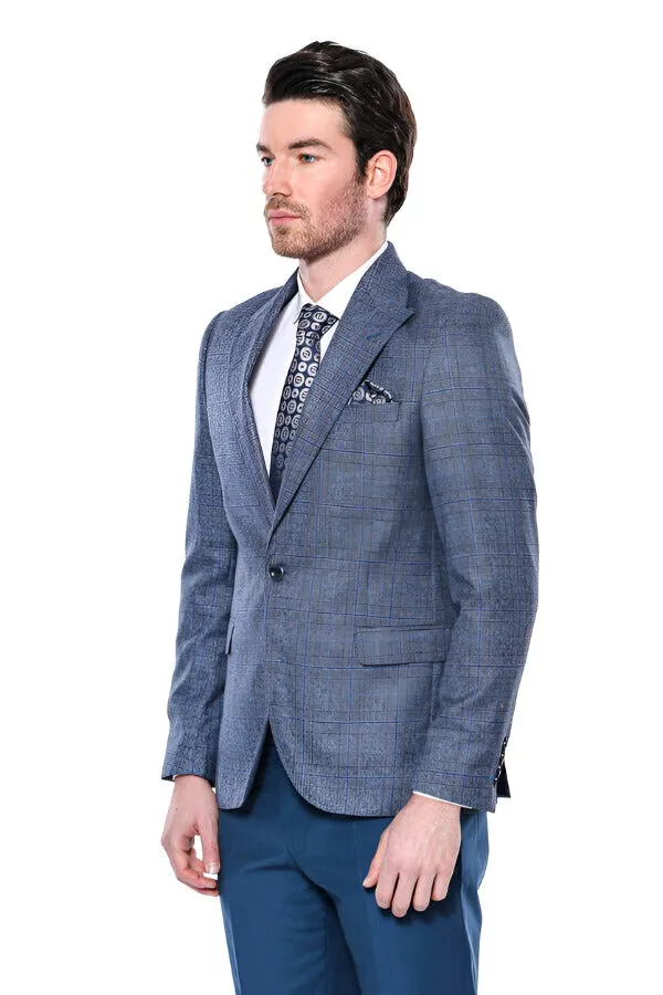 Checked Slim-Fit Single Button Navy Blue Men Blazer - Wessi