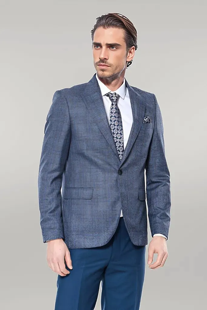 Checked Slim-Fit Single Button Navy Blue Men Blazer - Wessi