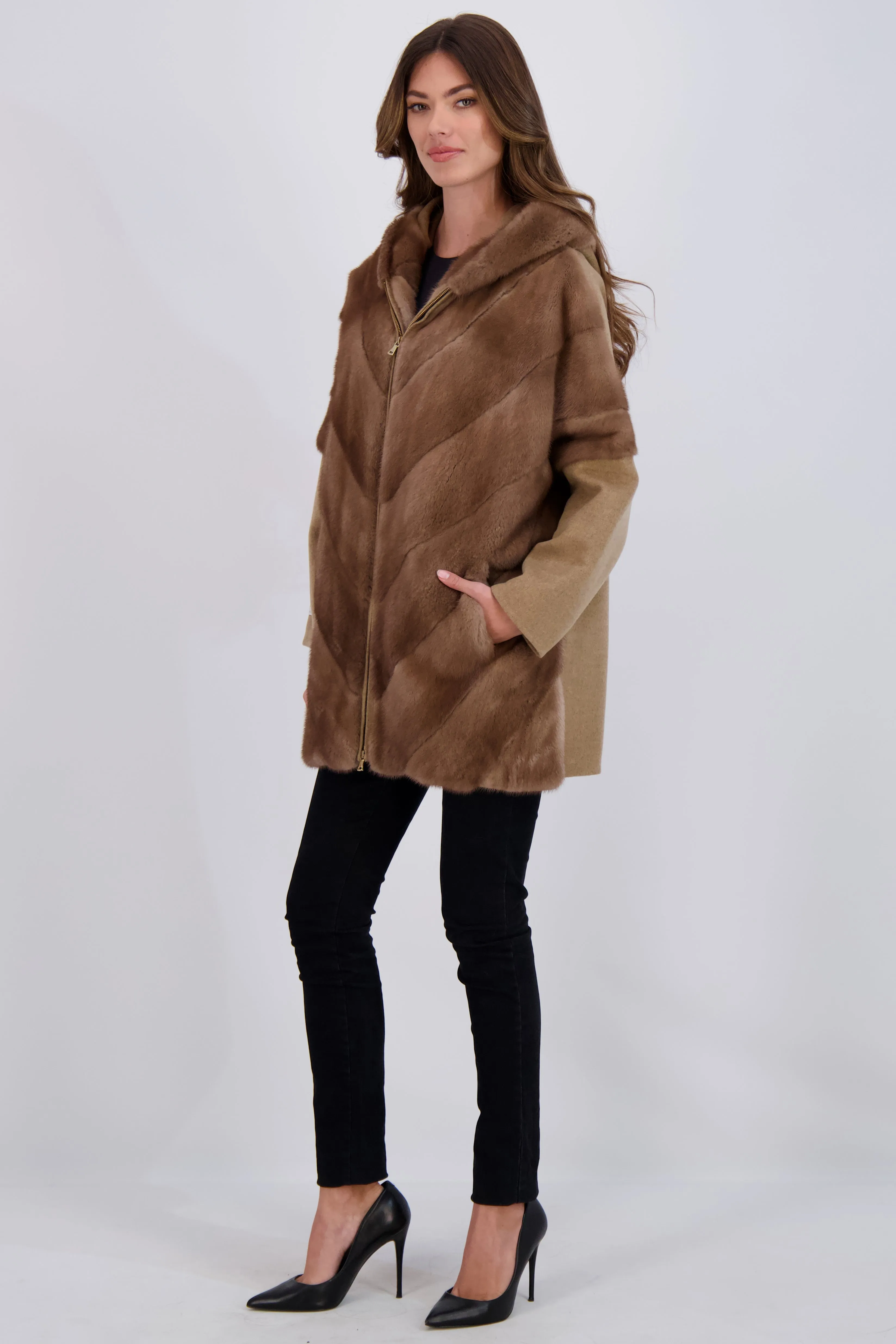 Chevron Mink Parka with Cashmere Sleeves