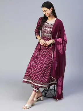 Chevron Printed Resham Embroidered Kurta With Pants & Dupatta - Maroon