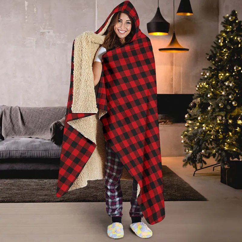 Classic Sherpa Check Hooded Blanket Warm Cozy Wearable Bathrobe Wool Shawl Home