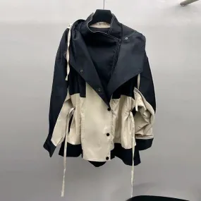 Colorblock Patchwork Zipper Drawstring Casual Trenches For Women Hooded Long Sleeve Temperament Trench Female