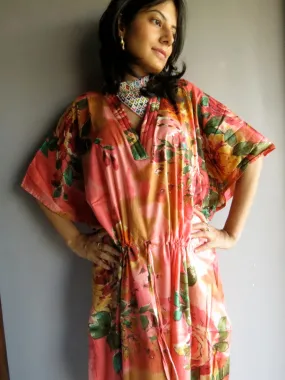 Coral Large Floral Blossom V-Neck, Ankle Length, Cinched Waist Caftan