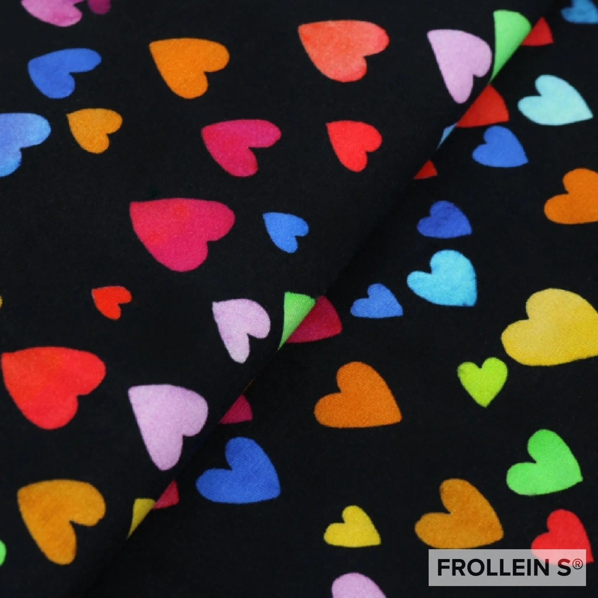 Cotton Jersey - Colorful Rainbow Hearts - Black