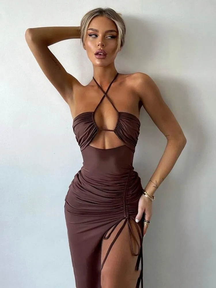 Cryptographic Hot Summer Sexy Halter Backless Sleeveless Cut Out Maxi Dress for Women Elegant Club Party Slit Dresses Vestido