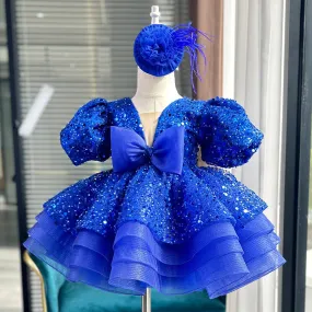 Detachable dark blue customized puff sleeve children's dress with tail, 80cm-160cm can be customized