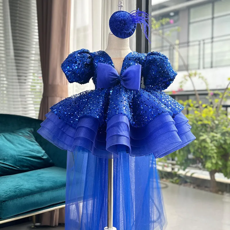 Detachable dark blue customized puff sleeve children's dress with tail, 80cm-160cm can be customized