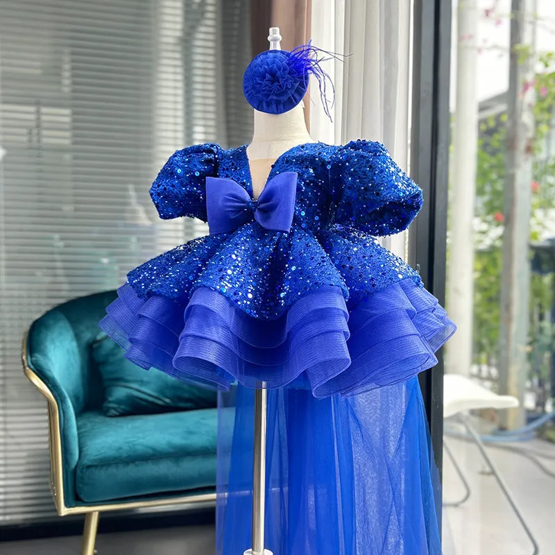 Detachable dark blue customized puff sleeve children's dress with tail, 80cm-160cm can be customized