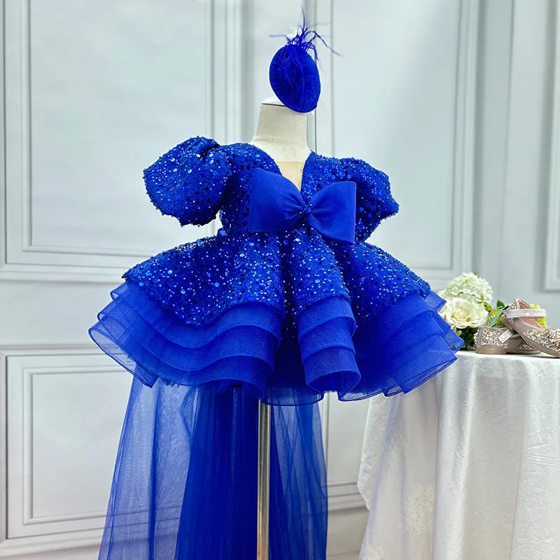 Detachable dark blue customized puff sleeve children's dress with tail, 80cm-160cm can be customized