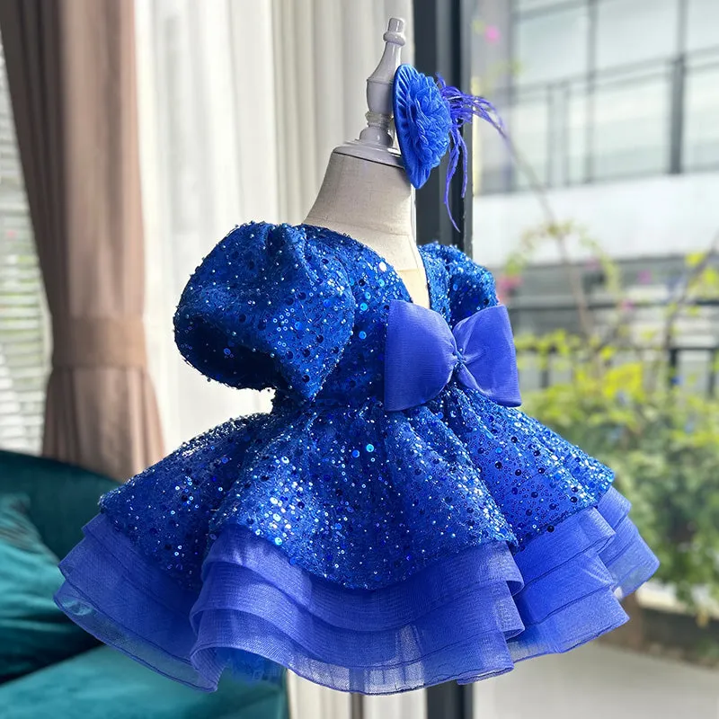 Detachable dark blue customized puff sleeve children's dress with tail, 80cm-160cm can be customized