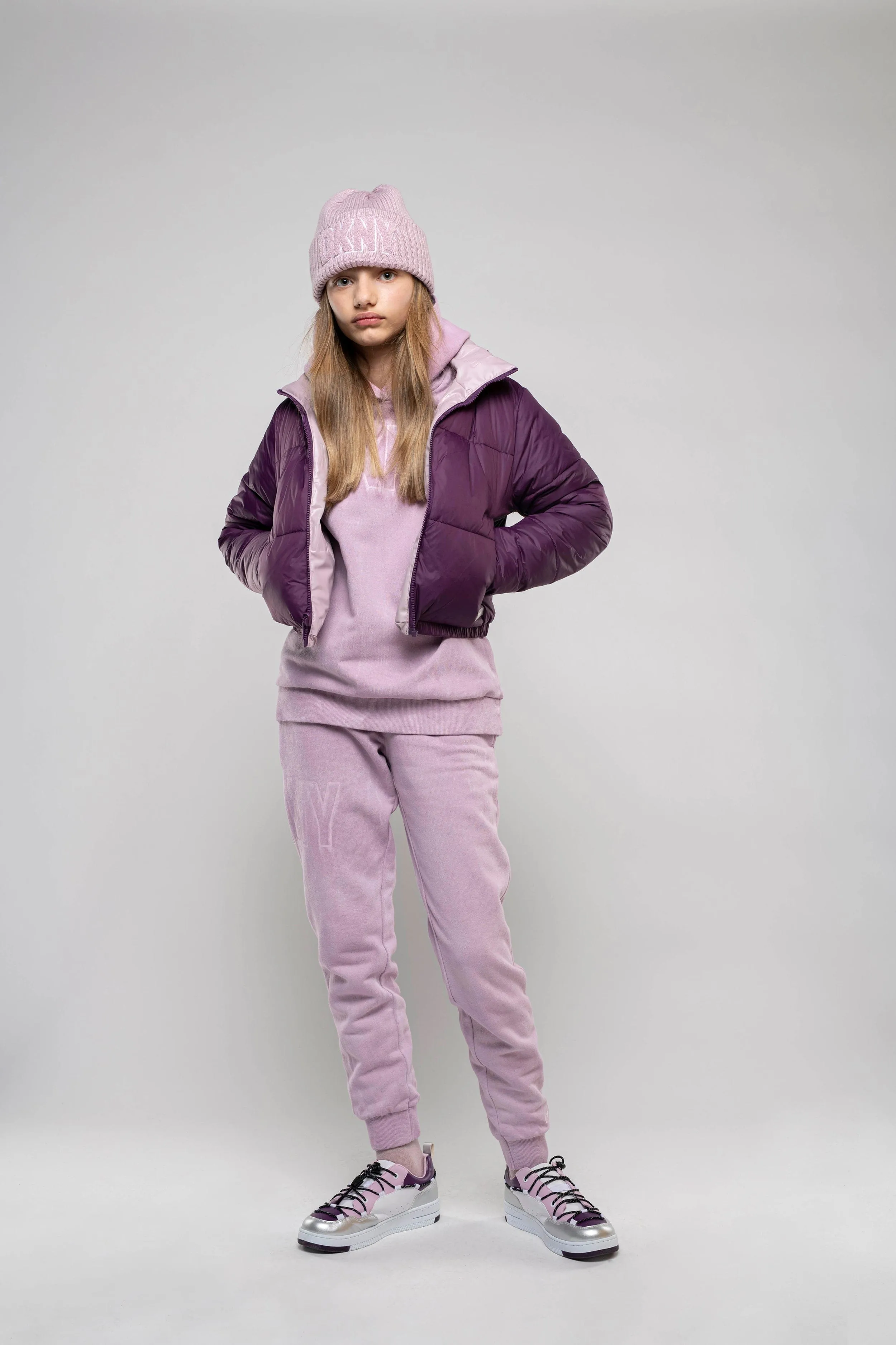 DKNY Girls Reversible Down Puffer Jacket in Purple