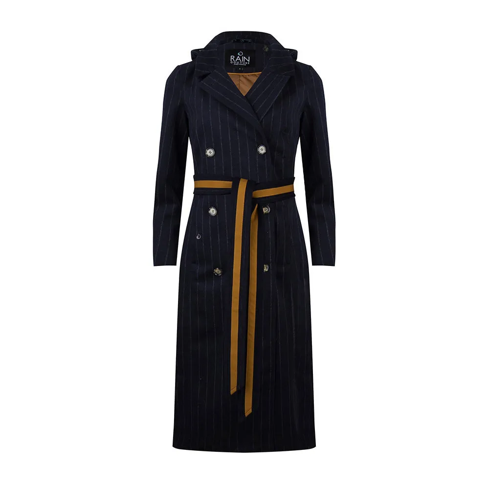 Double-Breasted  Waterproof  Woollen Trench- Striped Navy