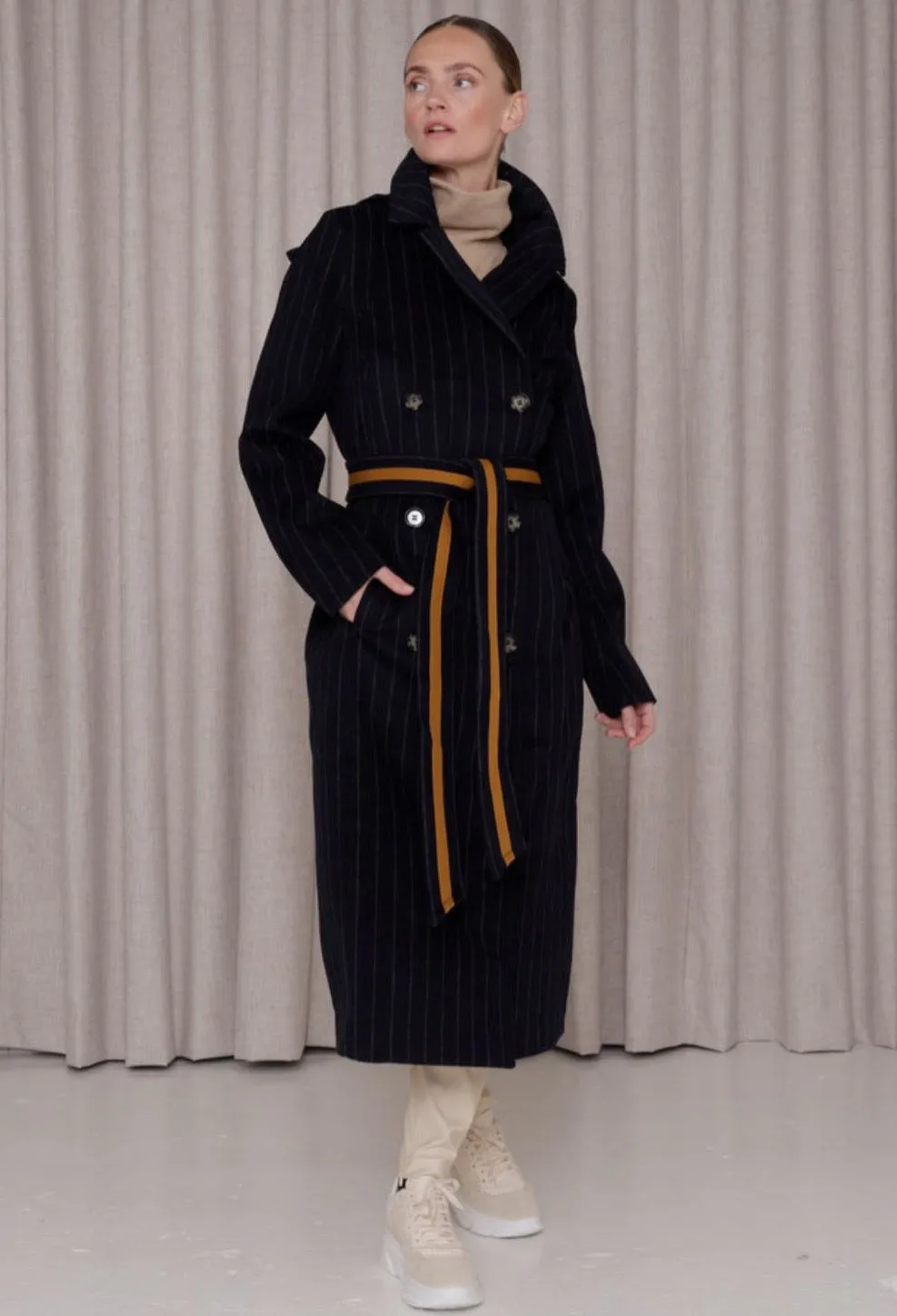 Double-Breasted  Waterproof  Woollen Trench- Striped Navy