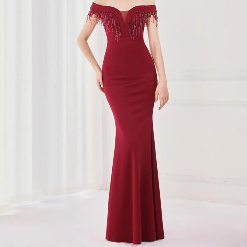 Edith Off Shoulder V-Neck Fishtail Maxi Dress