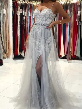 Elegant Mermaid Gray Lace Long Prom Dresses with High Slit, Gray Lace Formal Dresses, Mermaid Grey Evening Dresses