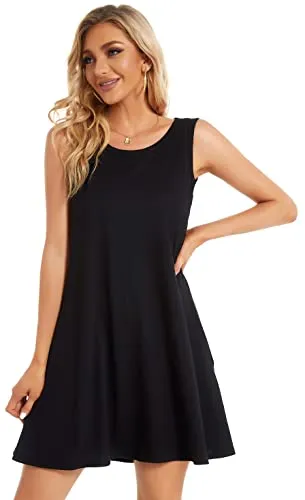 elescat Black Dresses for Women Summer Beach Sleeveless Tshirt Pockets Swing Casual Loose Sundress(Black, 2XL)