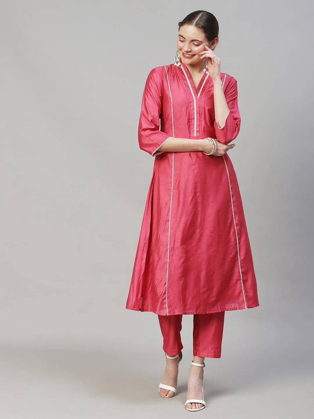 Ethnic A-Line Kurta with Pants & Dupatta - Pink