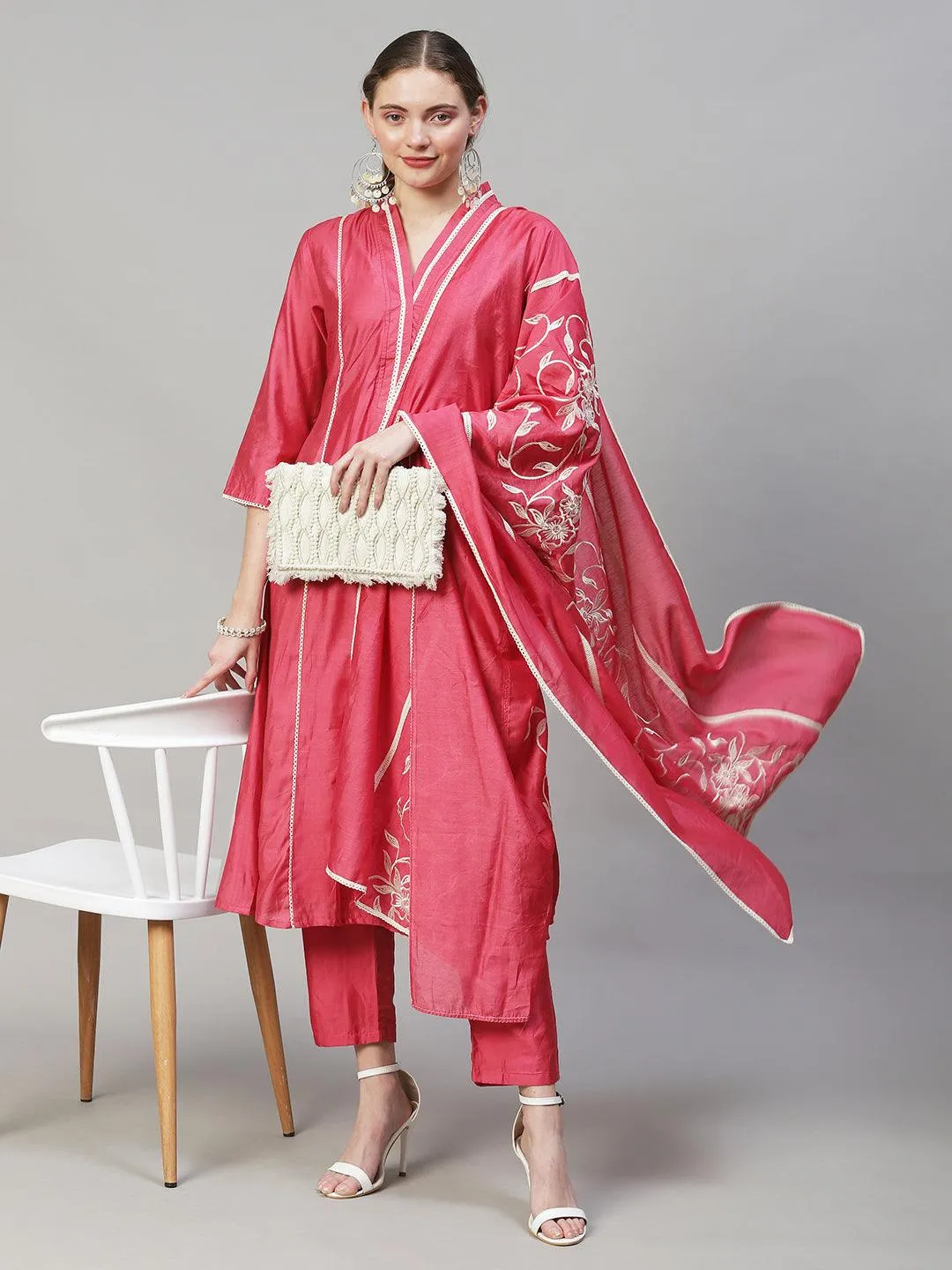 Ethnic A-Line Kurta with Pants & Dupatta - Pink