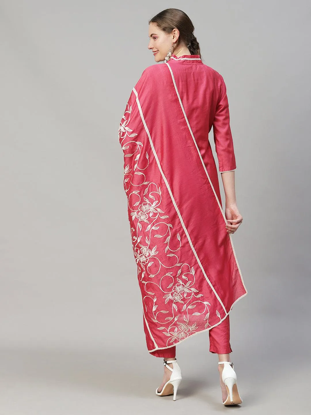 Ethnic A-Line Kurta with Pants & Dupatta - Pink