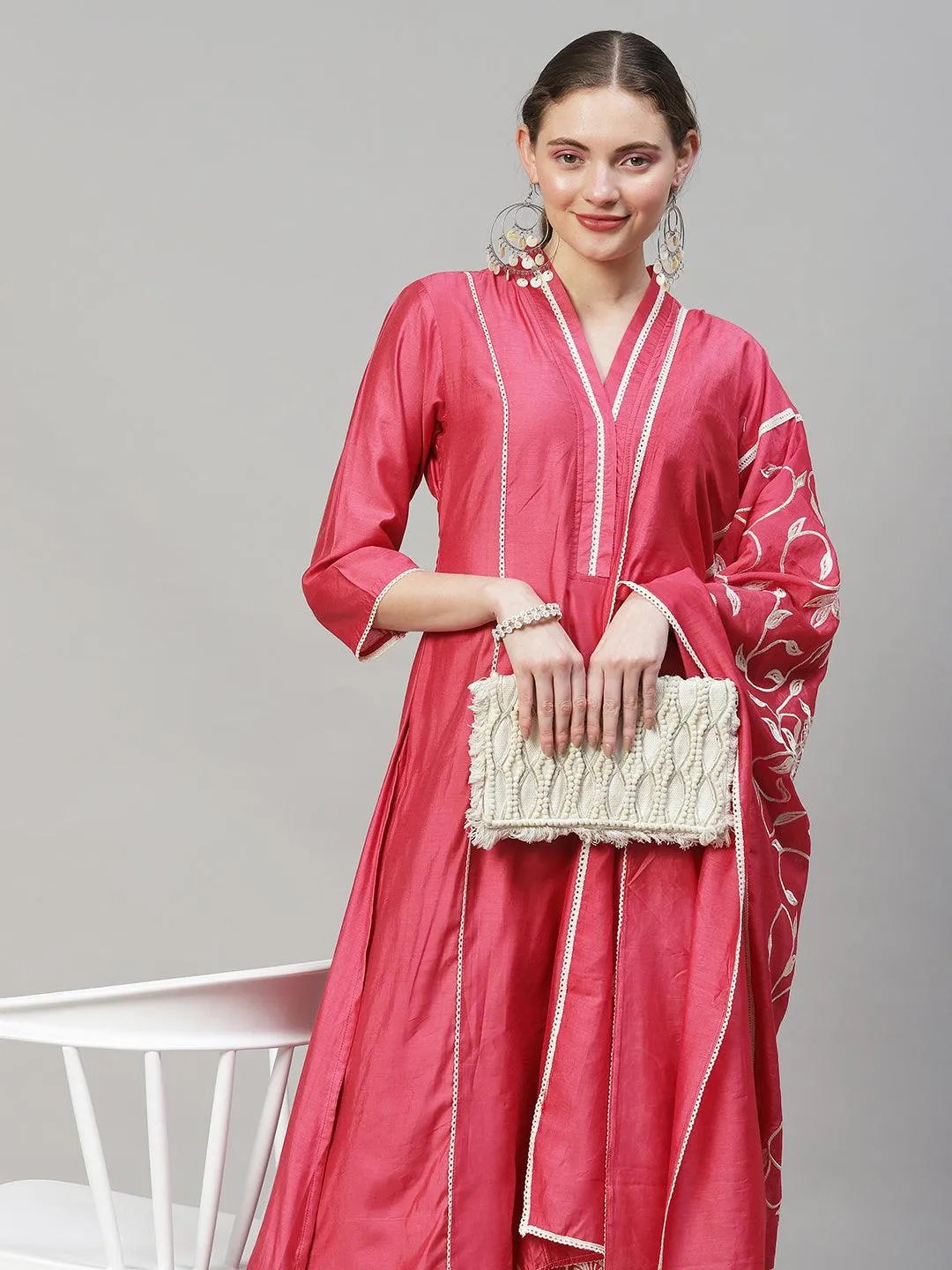 Ethnic A-Line Kurta with Pants & Dupatta - Pink