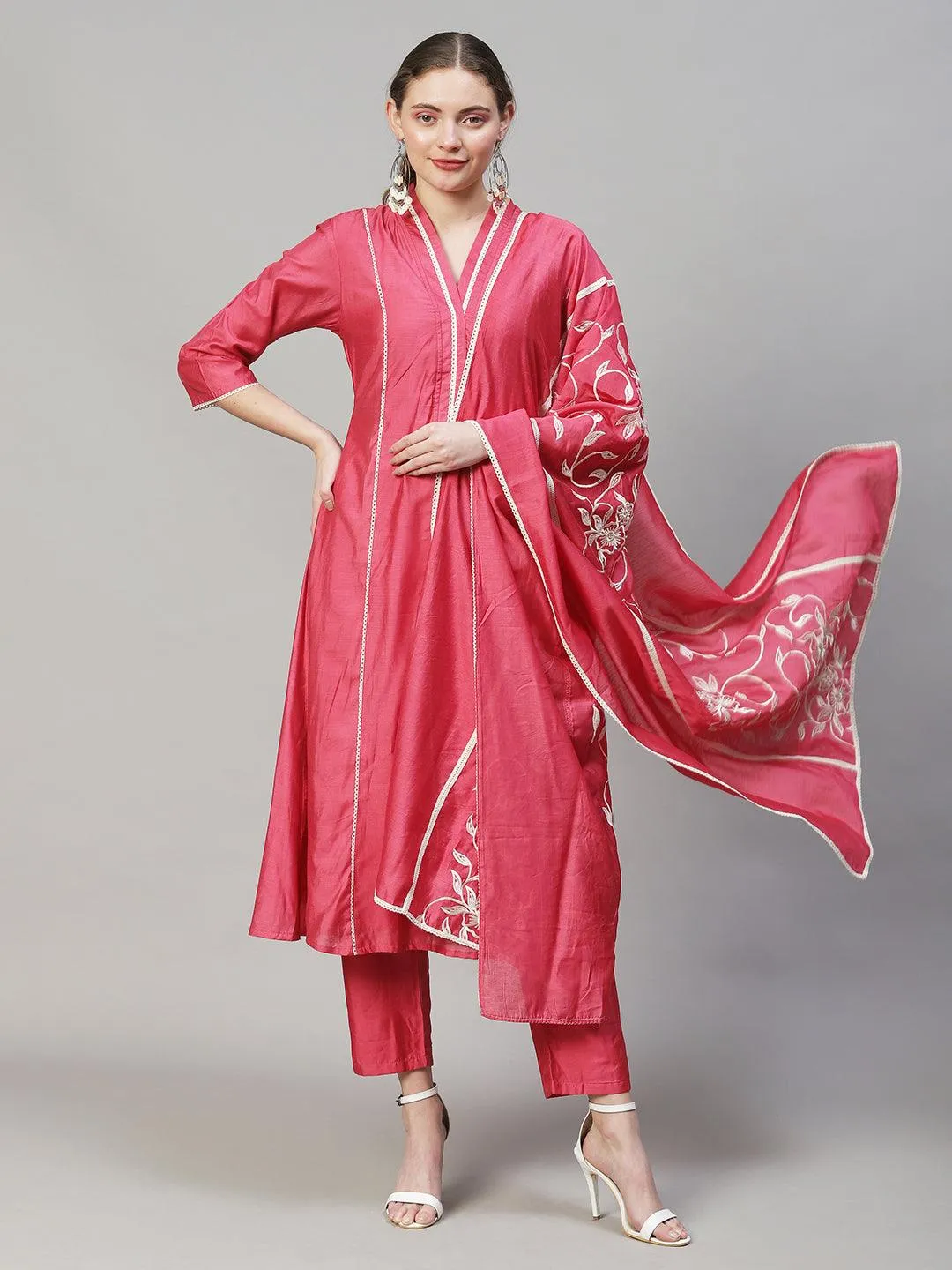 Ethnic A-Line Kurta with Pants & Dupatta - Pink