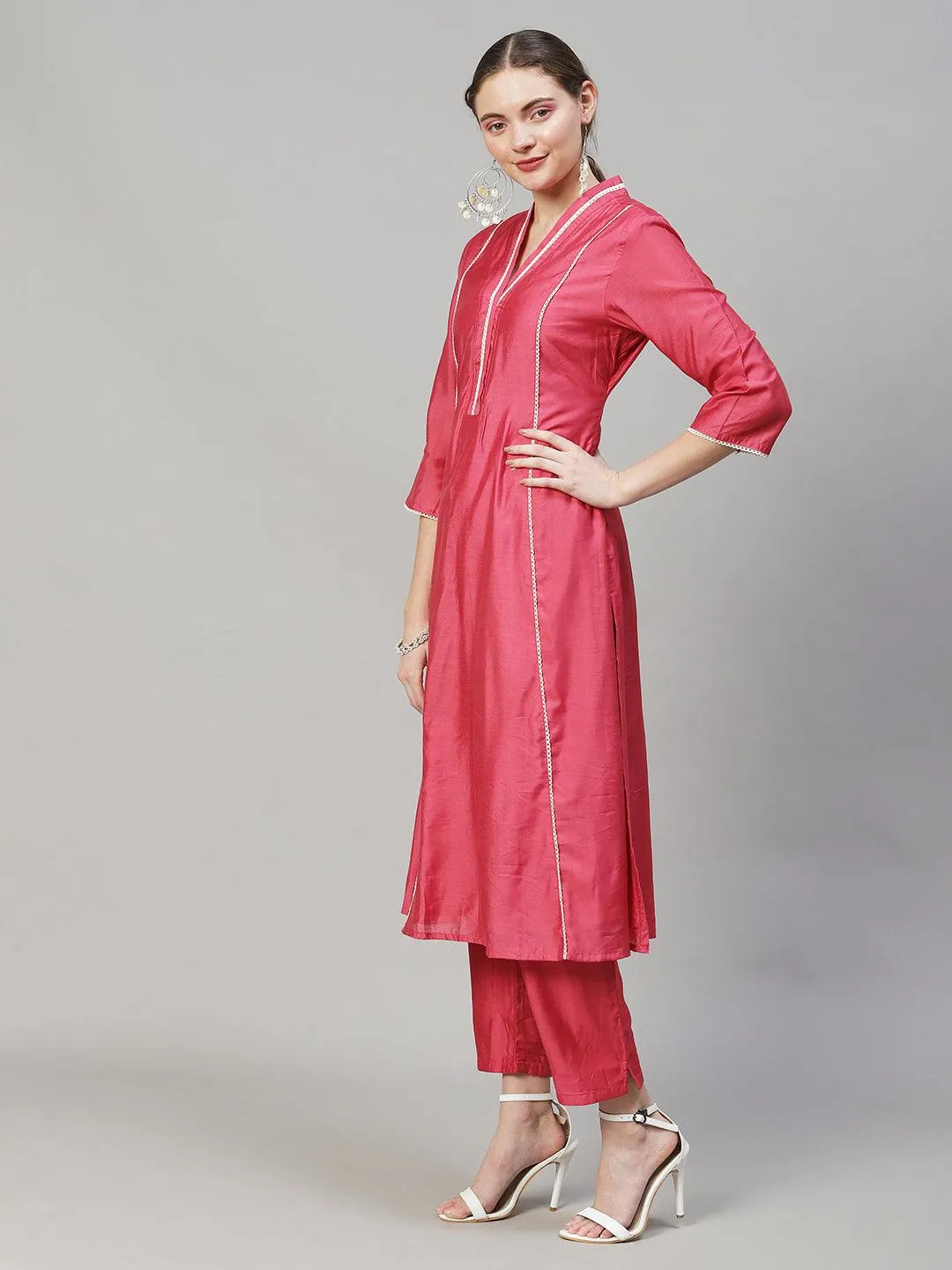 Ethnic A-Line Kurta with Pants & Dupatta - Pink