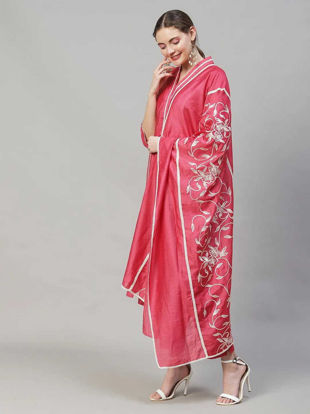 Ethnic A-Line Kurta with Pants & Dupatta - Pink